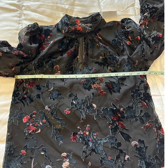 Black Floral Velvet Burnout Sheer Mock Neck Blouse Top - Picture 6 of 9